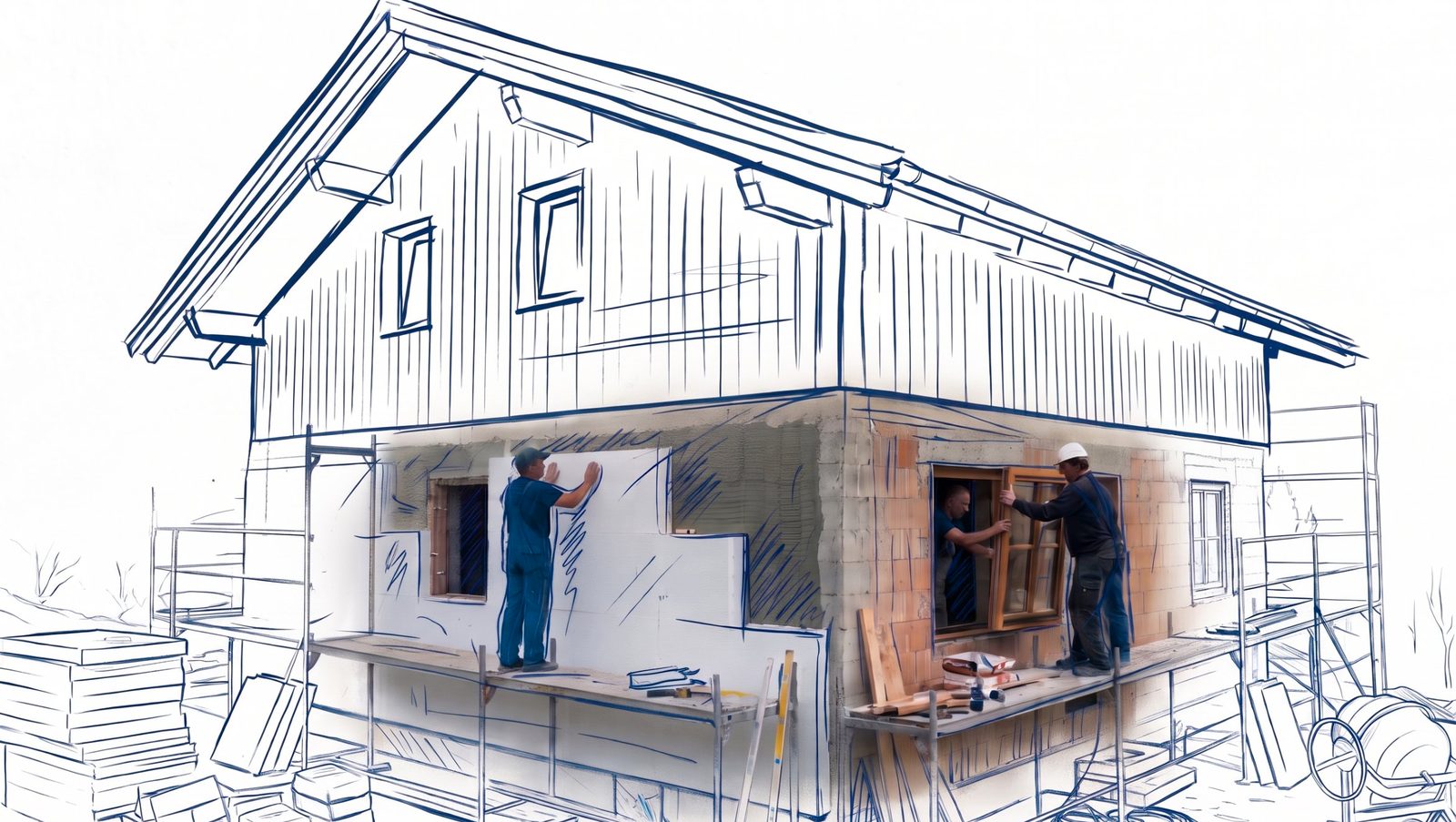 Einfamilienhaus vor Bergen, halb Skizze, halb Foto: Dämmplatten werden geklebt, ein neues Fenster wird eingebaut
